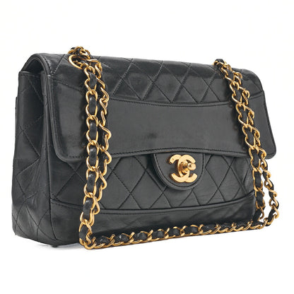 CHANEL ラムスキン マトラッセ デザイン フラップ ポーチ付き シングル チェーン ショルダーバッグ ブラック ゴールド金具 中古品