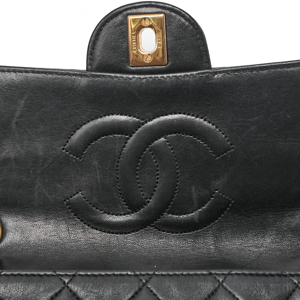 CHANEL ラムスキン マトラッセ デザイン フラップ ポーチ付き シングル チェーン ショルダーバッグ ブラック ゴールド金具 中古品