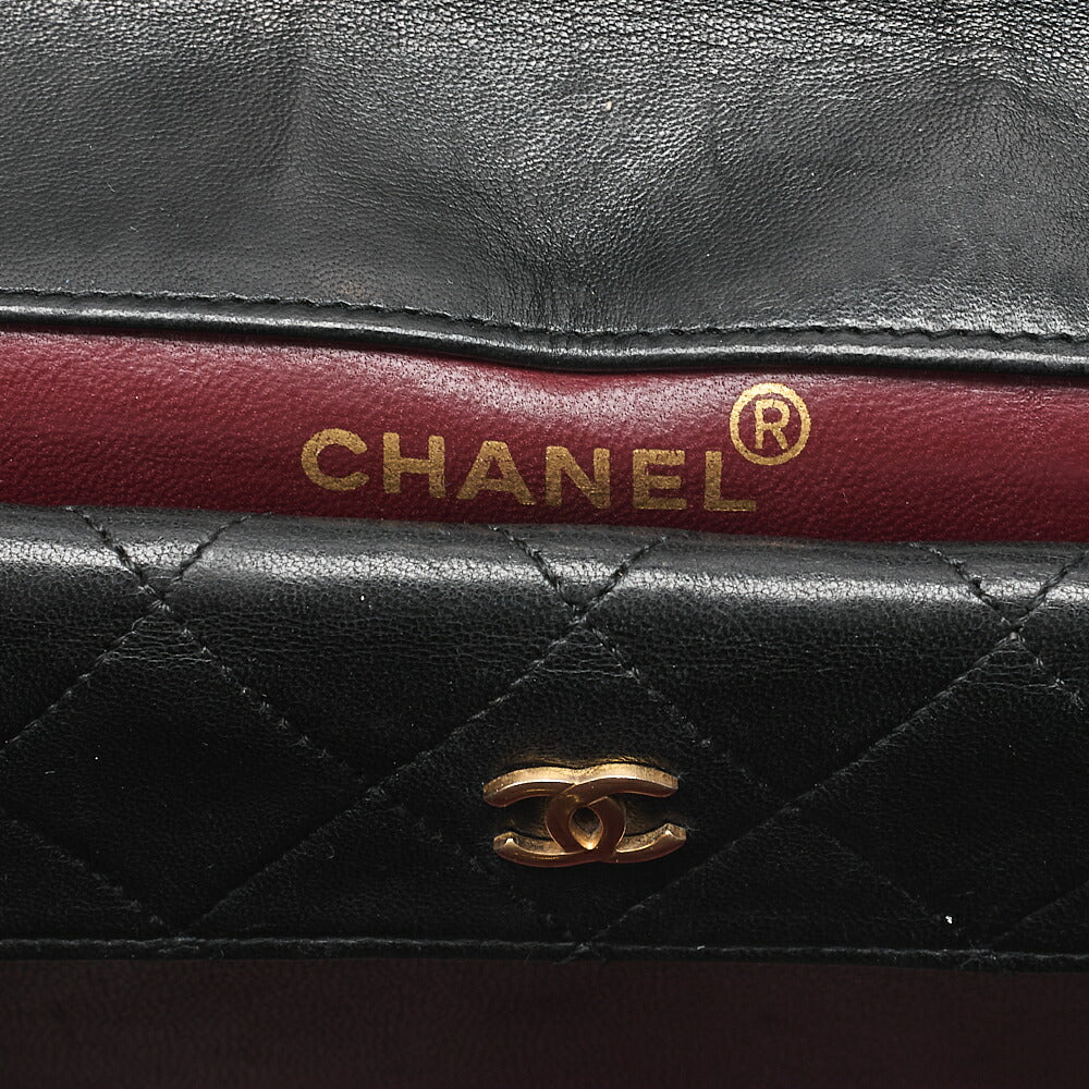 CHANEL ラムスキン マトラッセ デザイン フラップ ポーチ付き シングル チェーン ショルダーバッグ ブラック ゴールド金具 中古品