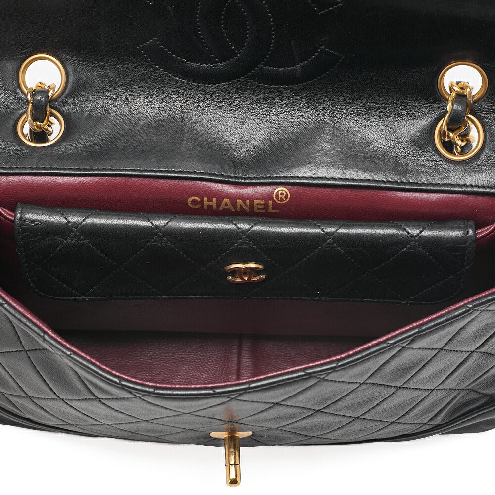CHANEL ラムスキン マトラッセ デザイン フラップ ポーチ付き シングル チェーン ショルダーバッグ ブラック ゴールド金具 中古品