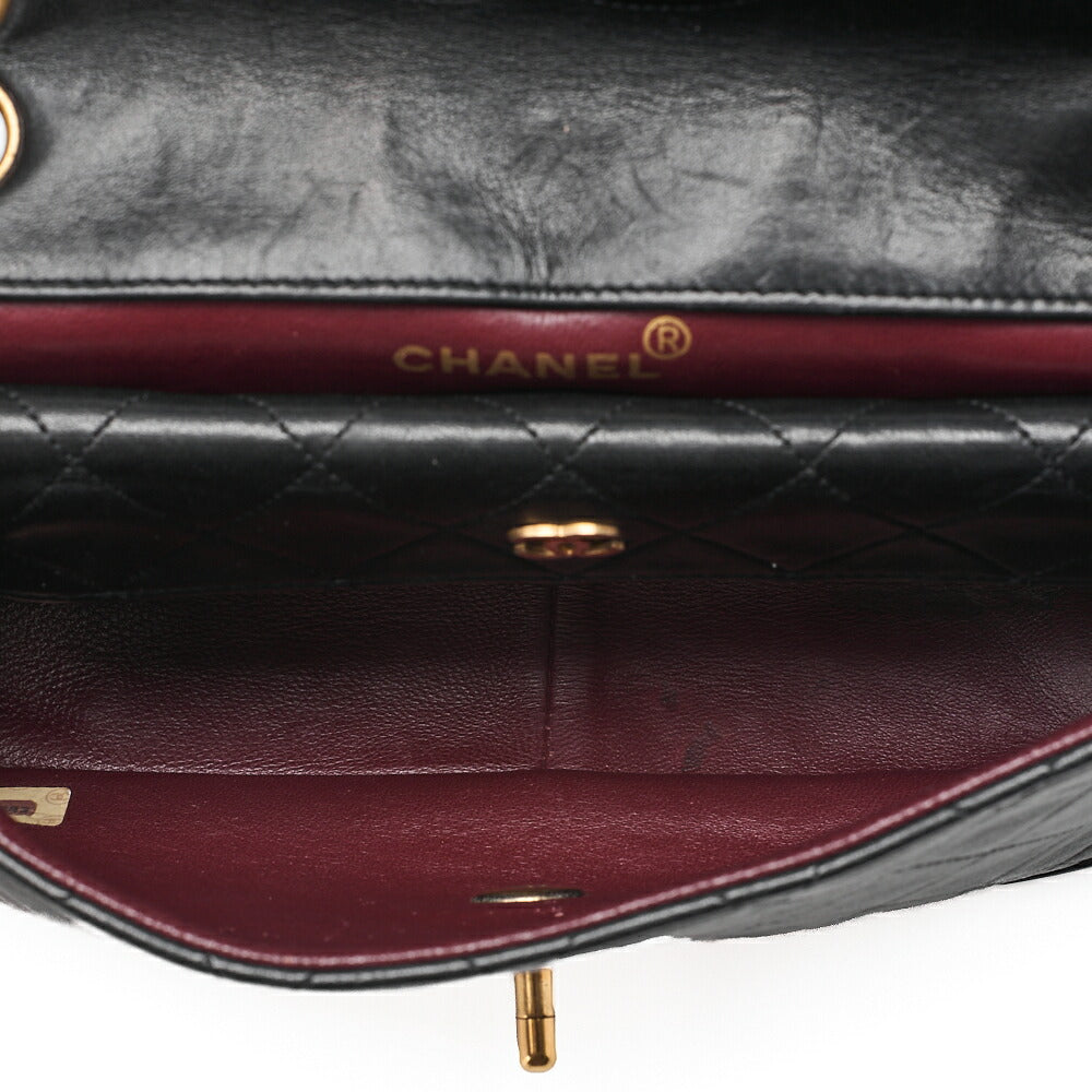 CHANEL ラムスキン マトラッセ デザイン フラップ ポーチ付き シングル チェーン ショルダーバッグ ブラック ゴールド金具 中古品
