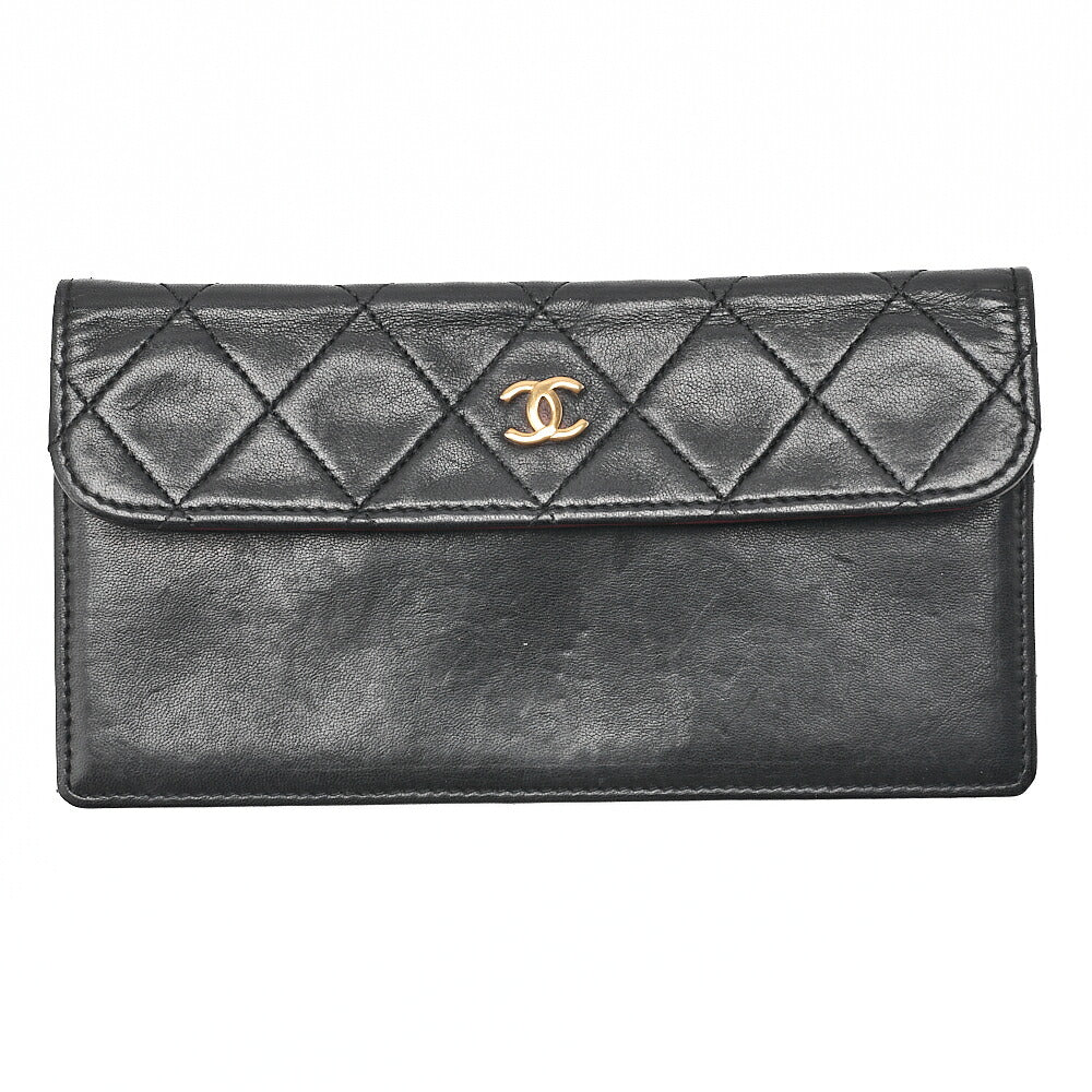 CHANEL ラムスキン マトラッセ デザイン フラップ ポーチ付き シングル チェーン ショルダーバッグ ブラック ゴールド金具 中古品