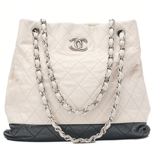 CHANEL Shoulder Bag Vintage Calf Coco Mark Drawstring Bag Black x White Silver-Tone Hardware, Pre-Owned
