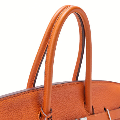 HERMES Birkin 35 Handbag Togo Orange Silver-Tone Hardware, Pre-Owned