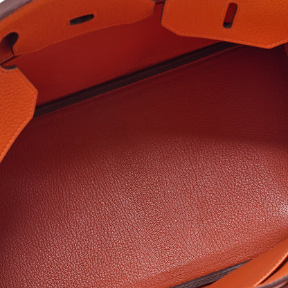 HERMES Birkin 35 Handbag Togo Orange Silver-Tone Hardware, Pre-Owned