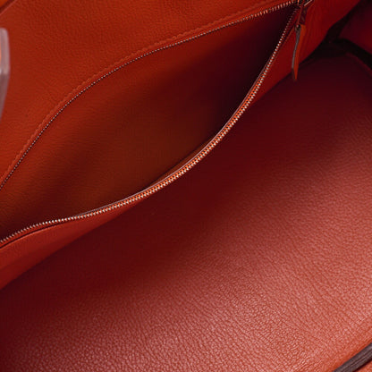 HERMES Birkin 35 Handbag Togo Orange Silver-Tone Hardware, Pre-Owned
