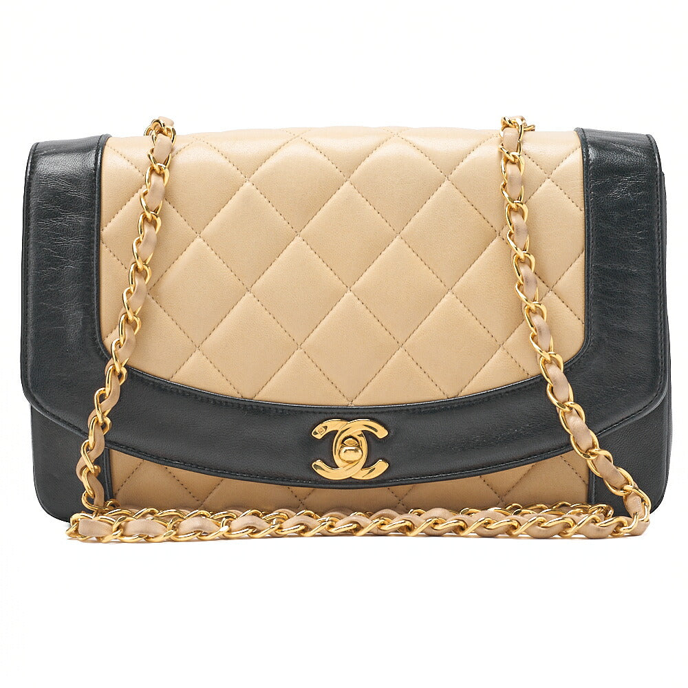 CHANEL Matlasse Diana Flap 25cm Chain Shoulder Lambskin Black x beige Gold-Tone Hardware, Pre-Owned