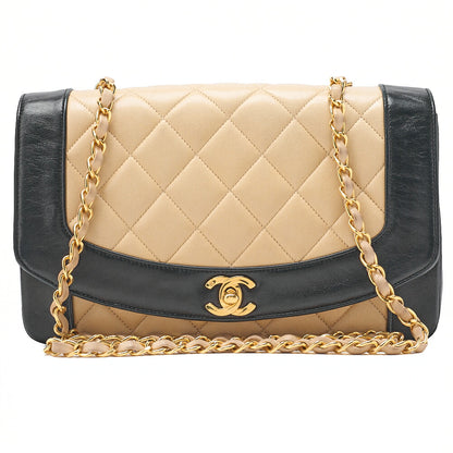CHANEL Matlasse Diana Flap 25cm Chain Shoulder Lambskin Black x beige Gold-Tone Hardware, Pre-Owned