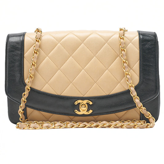 CHANEL Matlasse Diana Flap 25cm Chain Shoulder Lambskin Black x beige Gold-Tone Hardware, Pre-Owned