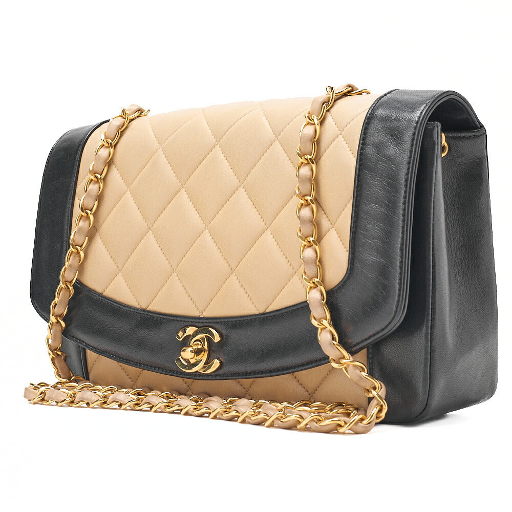 CHANEL Matlasse Diana Flap 25cm Chain Shoulder Lambskin Black x beige Gold-Tone Hardware, Pre-Owned