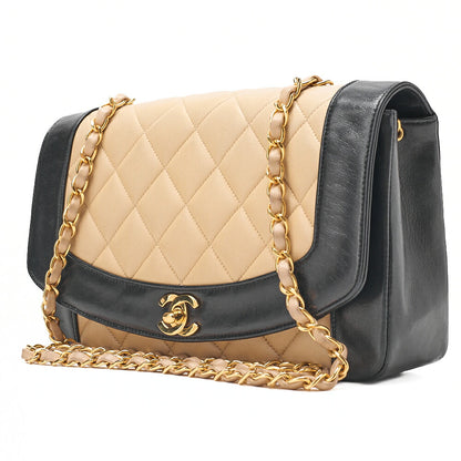 CHANEL Matlasse Diana Flap 25cm Chain Shoulder Lambskin Black x beige Gold-Tone Hardware, Pre-Owned