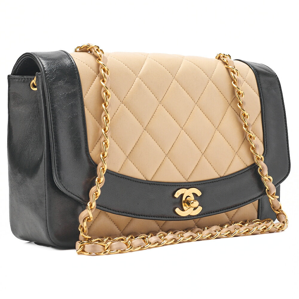 CHANEL Matlasse Diana Flap 25cm Chain Shoulder Lambskin Black x beige Gold-Tone Hardware, Pre-Owned