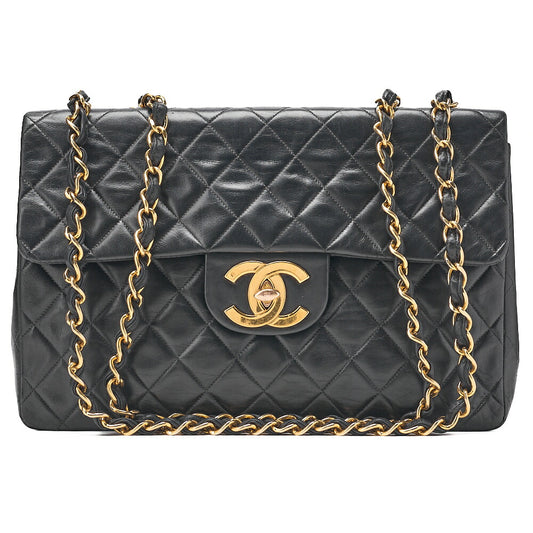 CHANEL Chain Shoulder Bag Deca Matelasse 34cm Single Flap Lambskin Black Gold-Tone Hardware, Pre-Owned