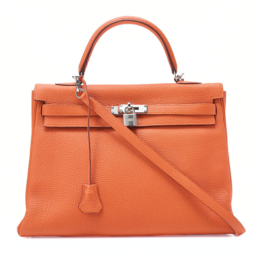 HERMES Kelly 35 2way Handbag Togo Orange Silver-Tone Hardware, Pre-Owned