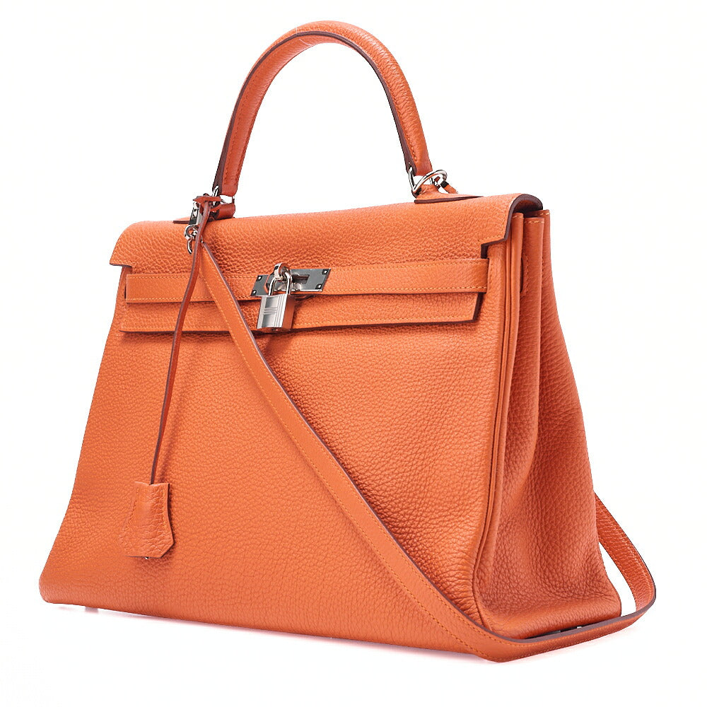 HERMES Kelly 35 2way Handbag Togo Orange Silver-Tone Hardware, Pre-Owned