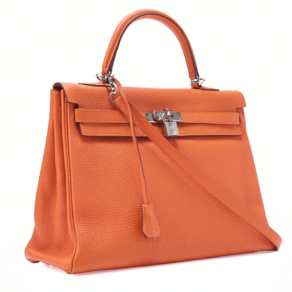 HERMES Kelly 35 2way Handbag Togo Orange Silver-Tone Hardware, Pre-Owned