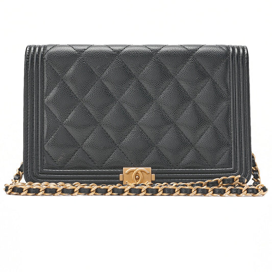CHANEL Boy Chanel Matelasse Chain Wallet Caviar Skin Black Gold-Tone Hardware, Pre-Owned