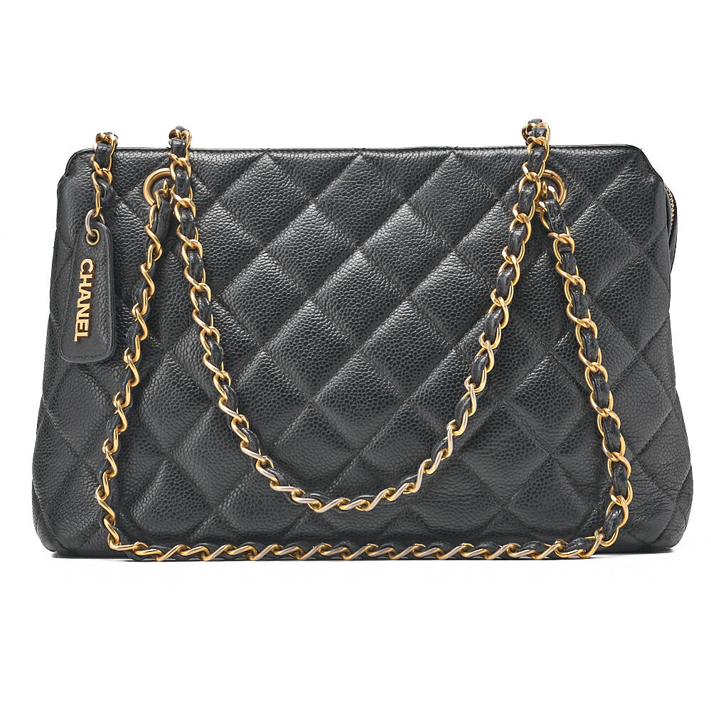 CHANEL Matelasse with Logo Charm Chain Shoulder Bag Caviar Skin Black Gold-Tone Hardware, Pre-Owned