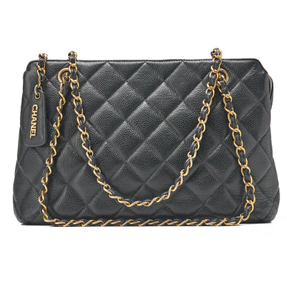 CHANEL Matelasse with Logo Charm Chain Shoulder Bag Caviar Skin Black Gold-Tone Hardware, Pre-Owned