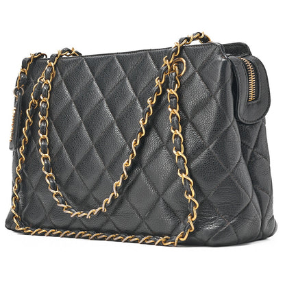 CHANEL Matelasse with Logo Charm Chain Shoulder Bag Caviar Skin Black Gold-Tone Hardware, Pre-Owned