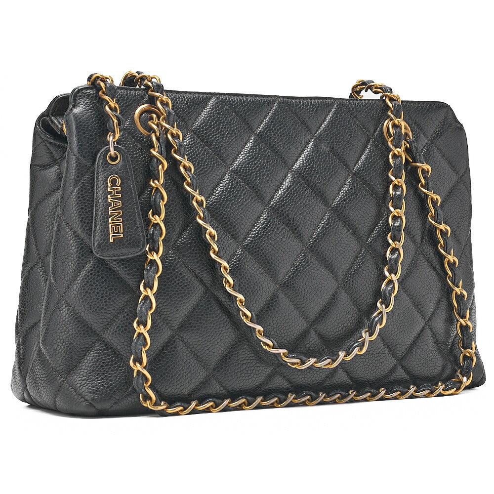 CHANEL Matelasse with Logo Charm Chain Shoulder Bag Caviar Skin Black Gold-Tone Hardware, Pre-Owned
