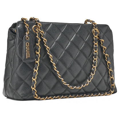 CHANEL Matelasse with Logo Charm Chain Shoulder Bag Caviar Skin Black Gold-Tone Hardware, Pre-Owned