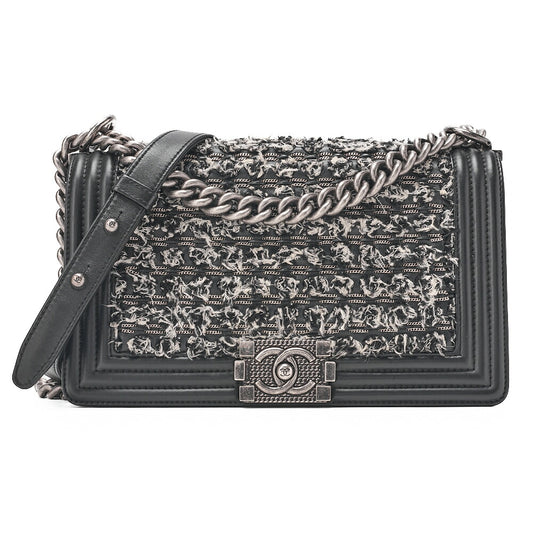CHANEL Tweed ｘ Lambskin Boy Chanel Braided Chain Shoulder Black x White Silver-Tone Hardware, Pre-Owned