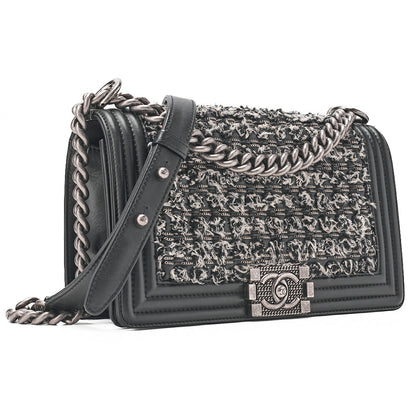 CHANEL Tweed ｘ Lambskin Boy Chanel Braided Chain Shoulder Black x White Silver-Tone Hardware, Pre-Owned