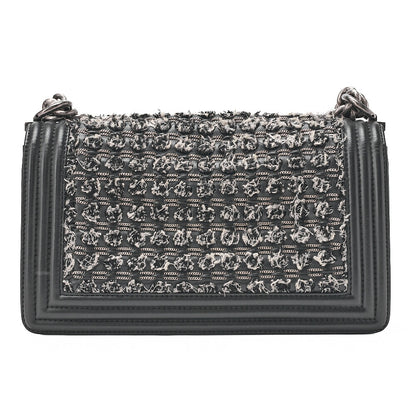CHANEL Tweed ｘ Lambskin Boy Chanel Braided Chain Shoulder Black x White Silver-Tone Hardware, Pre-Owned