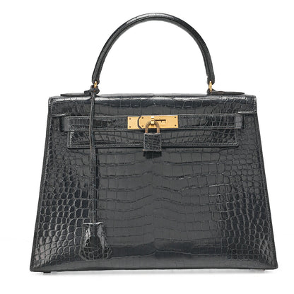 HERMES Kelly 28 Crocodile Handbag Black Gold-Tone Hardware, Pre-Owned