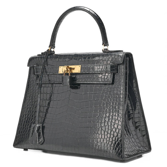 HERMES Kelly 28 Crocodile Handbag Black Gold-Tone Hardware, Pre-Owned