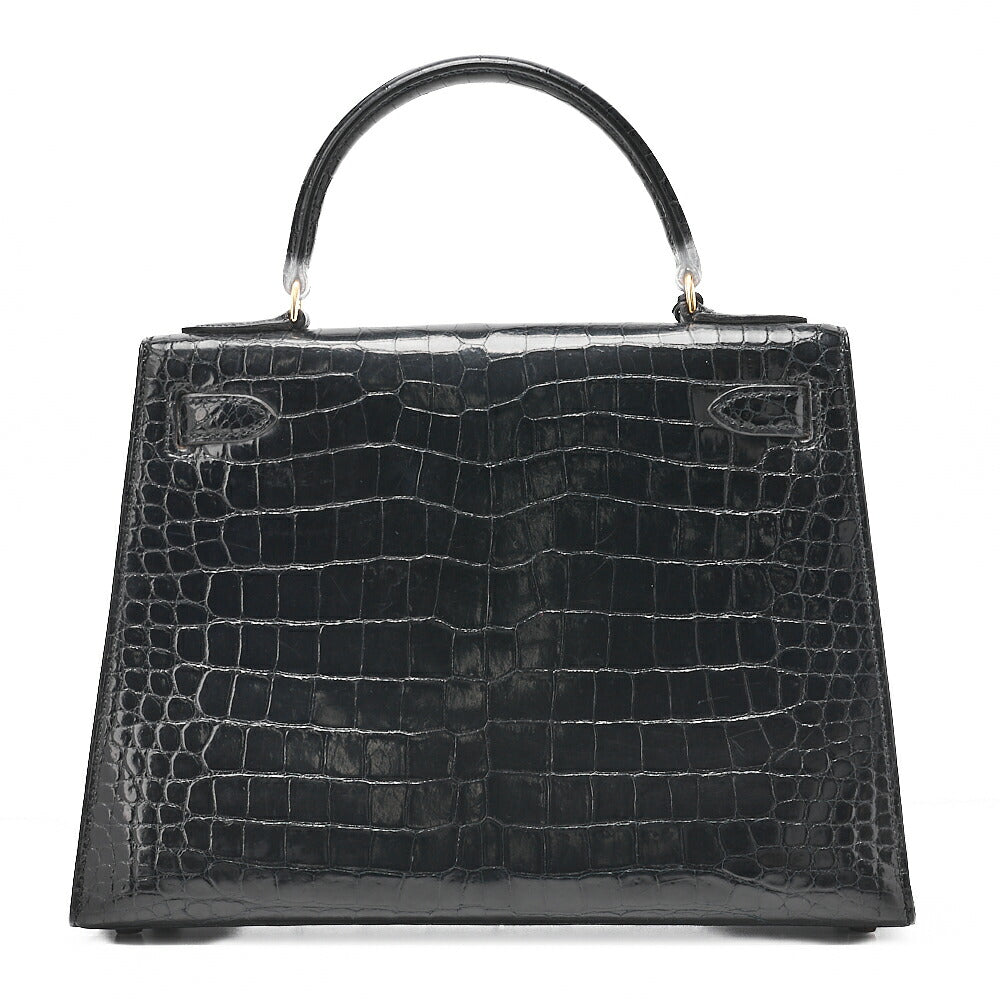 HERMES Kelly 28 Crocodile Handbag Black Gold-Tone Hardware, Pre-Owned