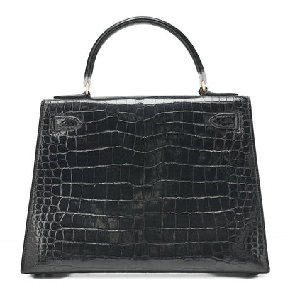 HERMES Kelly 28 Crocodile Handbag Black Gold-Tone Hardware, Pre-Owned