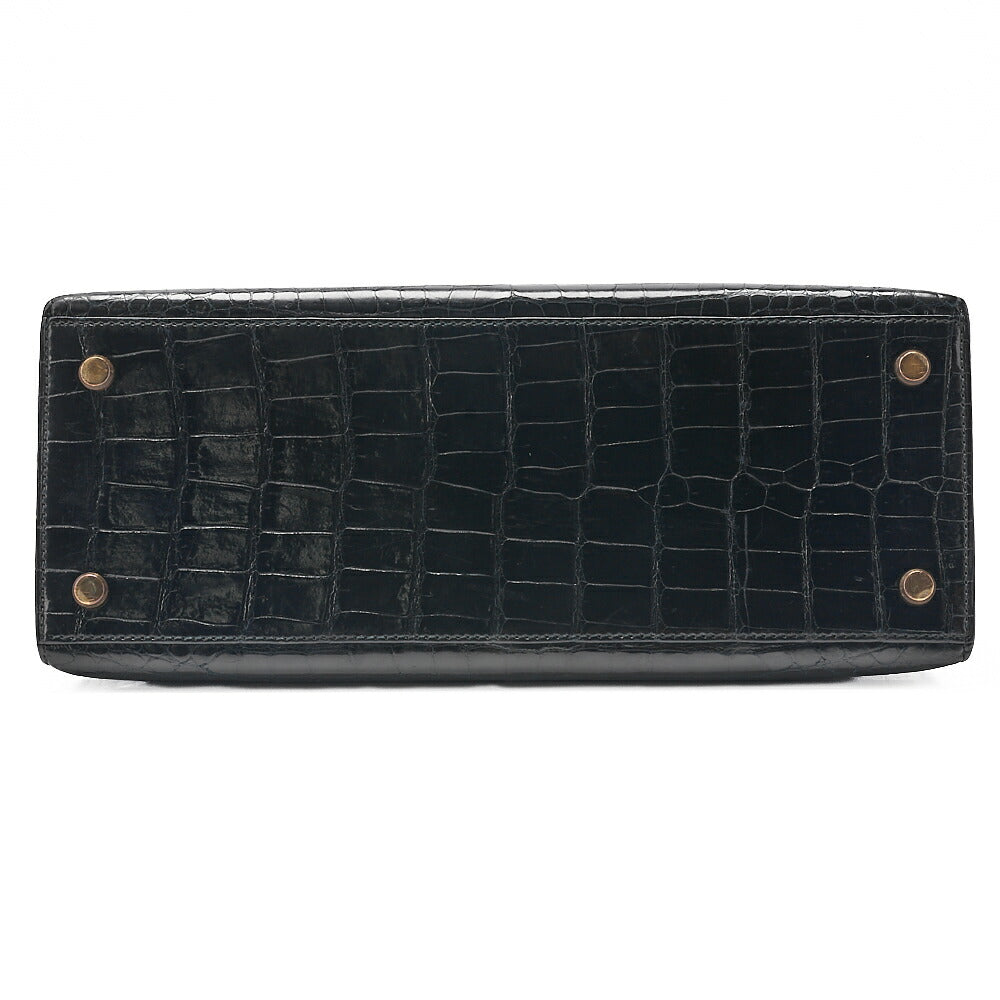 HERMES Kelly 28 Crocodile Handbag Black Gold-Tone Hardware, Pre-Owned