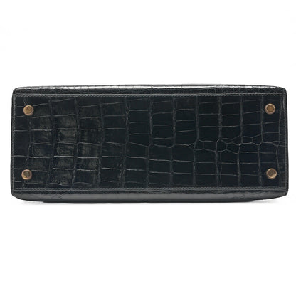 HERMES Kelly 28 Crocodile Handbag Black Gold-Tone Hardware, Pre-Owned