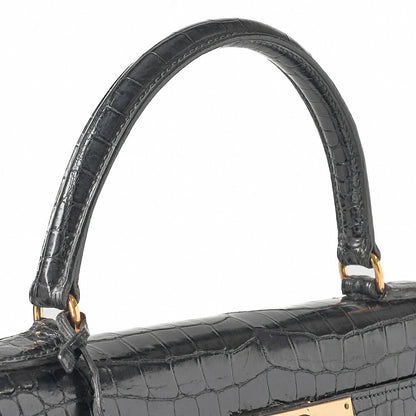 HERMES Kelly 28 Crocodile Handbag Black Gold-Tone Hardware, Pre-Owned