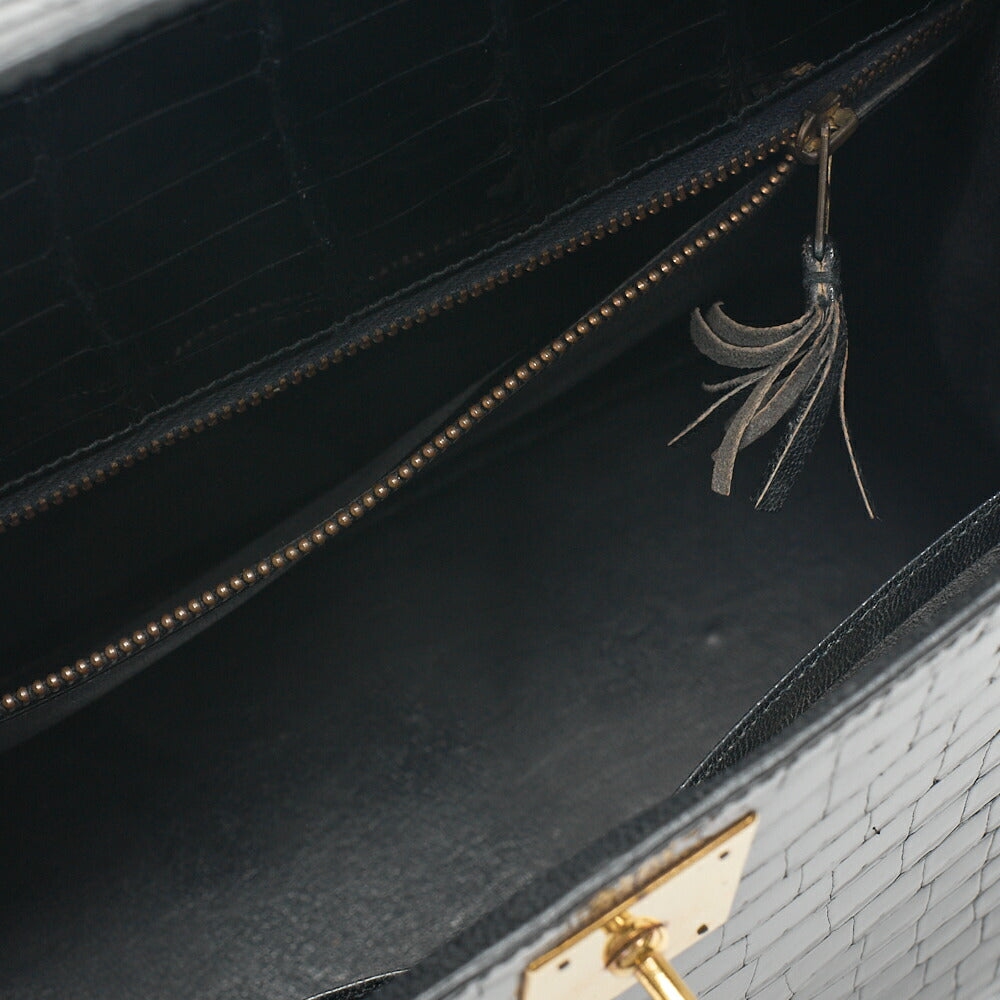HERMES Kelly 28 Crocodile Handbag Black Gold-Tone Hardware, Pre-Owned