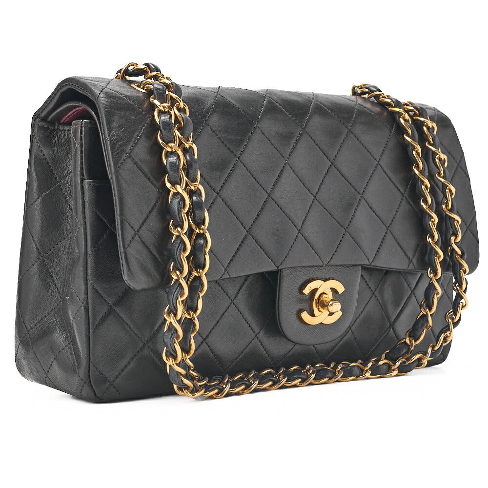 CHANEL Lambskin Matelasse 25cm Double Flap Chain Shoulder Black Gold-Tone Hardware, Pre-Owned