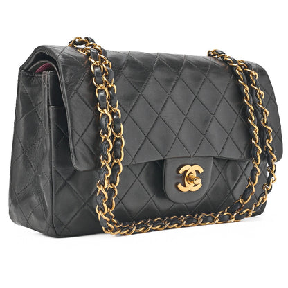 CHANEL Lambskin Matelasse 25cm Double Flap Chain Shoulder Black Gold-Tone Hardware, Pre-Owned