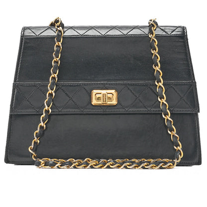 CHANEL Trapezoidal Turnlock Single Flap Chain Shoulder Lambskin Black Gold-Tone Hardware, Pre-Owned