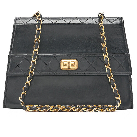 CHANEL Trapezoidal Turnlock Single Flap Chain Shoulder Lambskin Black Gold-Tone Hardware, Pre-Owned