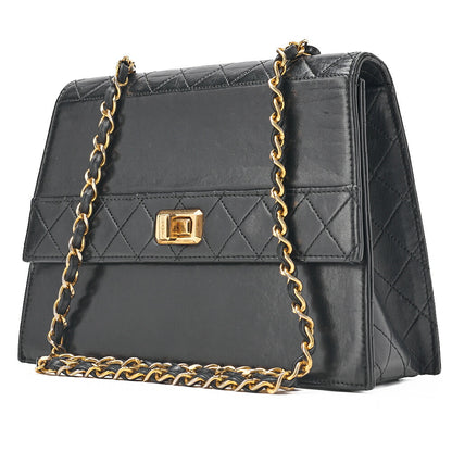 CHANEL Trapezoidal Turnlock Single Flap Chain Shoulder Lambskin Black Gold-Tone Hardware, Pre-Owned