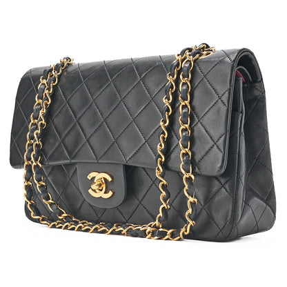 CHANEL Lambskin Matelasse 25cm Double Flap Chain Shoulder Black Gold-Tone Hardware, Pre-Owned