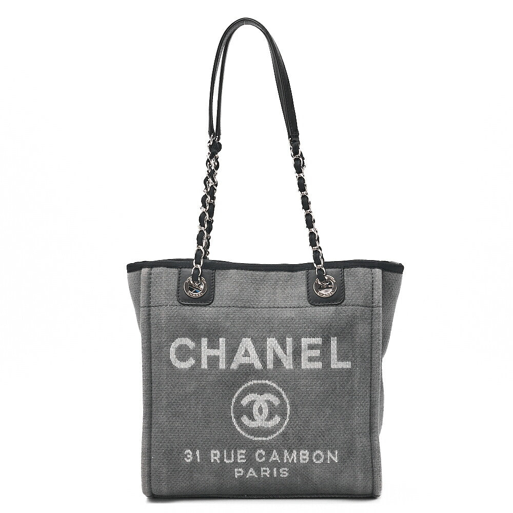 CHANEL Deauville PM Logo Mark Chain Tote Bag Canvas Gray x Navy Silver-Tone Hardware, Pre-Owned