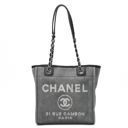 CHANEL Deauville PM Logo Mark Chain Tote Bag Canvas Gray x Navy Silver-Tone Hardware, Pre-Owned