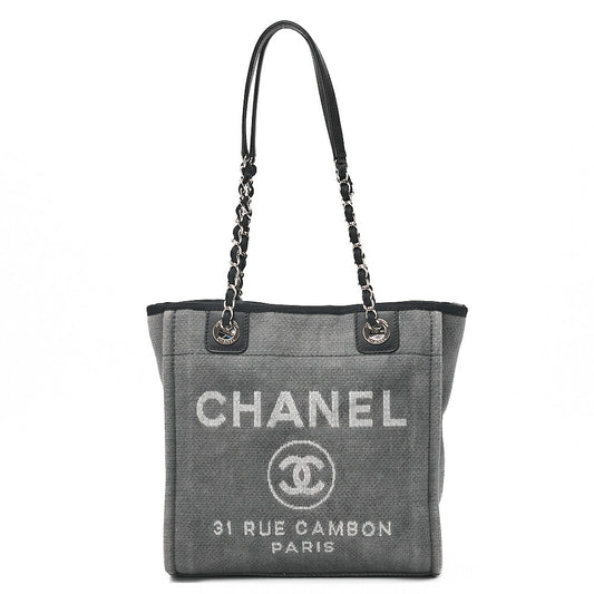 CHANEL Deauville PM Logo Mark Chain Tote Bag Canvas Gray x Navy Silver-Tone Hardware, Pre-Owned