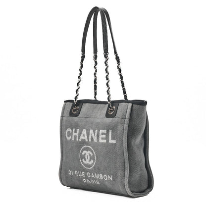 CHANEL Deauville PM Logo Mark Chain Tote Bag Canvas Gray x Navy Silver-Tone Hardware, Pre-Owned