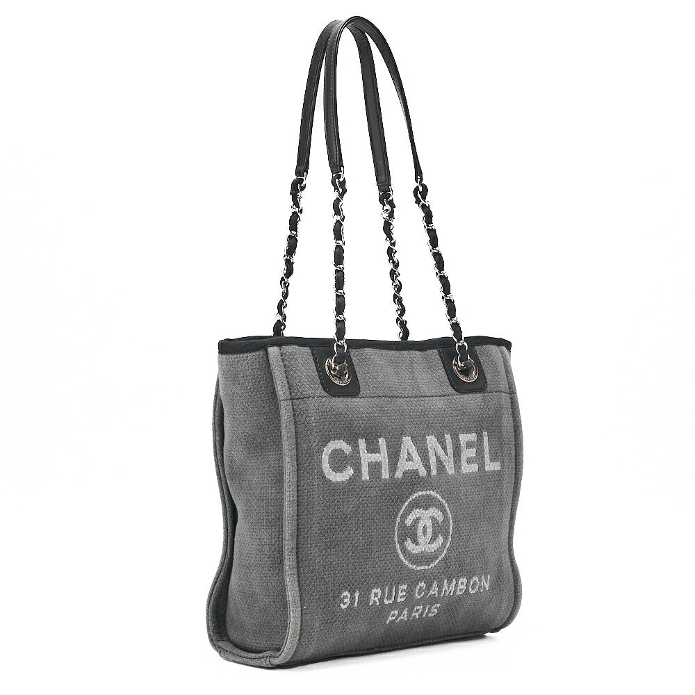 CHANEL Deauville PM Logo Mark Chain Tote Bag Canvas Gray x Navy Silver-Tone Hardware, Pre-Owned