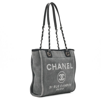 CHANEL Deauville PM Logo Mark Chain Tote Bag Canvas Gray x Navy Silver-Tone Hardware, Pre-Owned