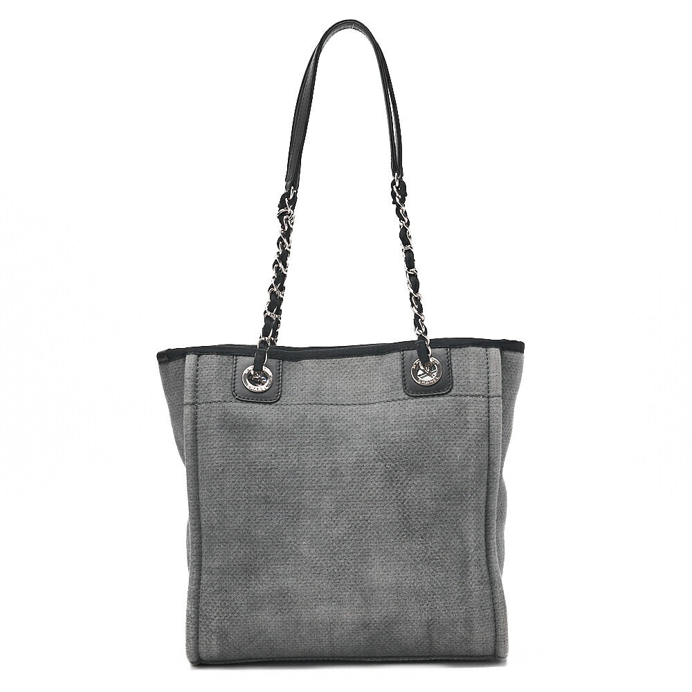 CHANEL Deauville PM Logo Mark Chain Tote Bag Canvas Gray x Navy Silver-Tone Hardware, Pre-Owned